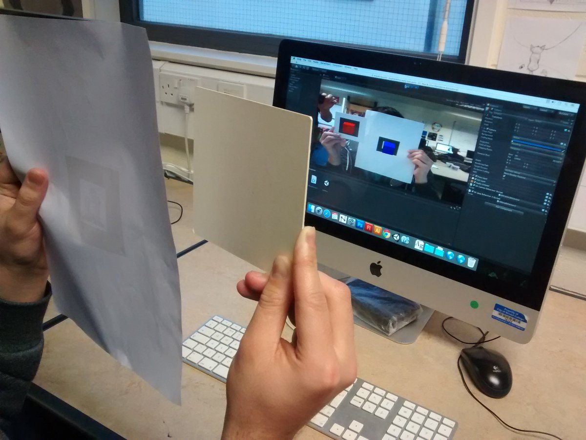 bristolinteract's tweet photo. Yr1 students experimenting with #augmentedreality. Here is a 2 cube #Unity3D experiment #hci https://t.co/4PizKl6BLh