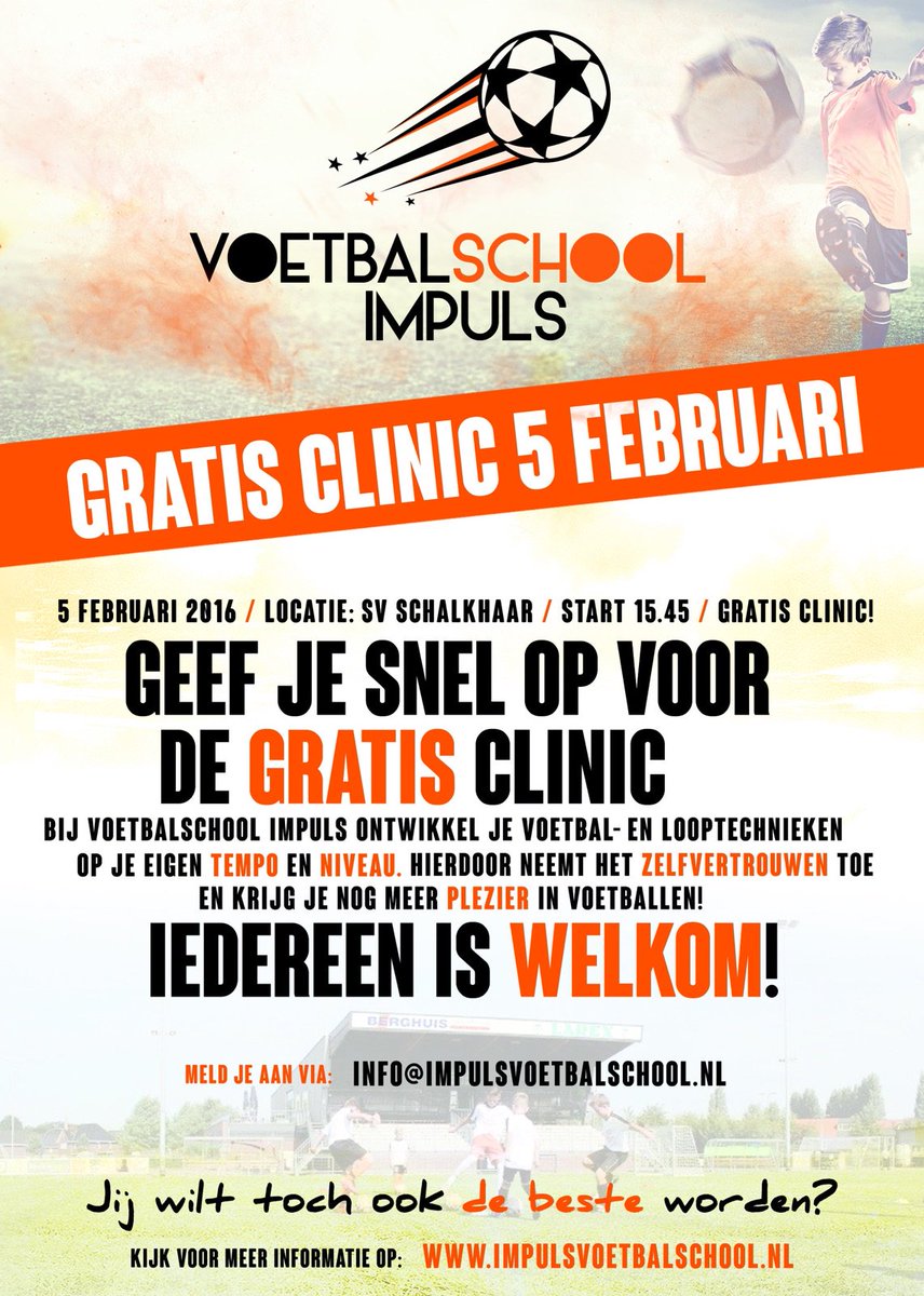 voetbalimpuls's tweet photo. Gratis clinic op 5 februari bij @SVSchalkhaar is bijna vol, geef je snel op via info@impulsvoetbalschool.nl https://t.co/trybfKmQXK