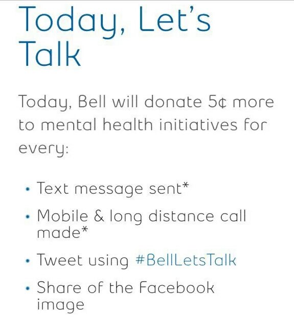Please RT or use #BellLetsTalk to raise funds &amp; awareness about mental health. Together we can end the stigma!