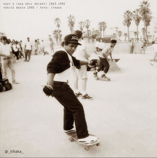 Complex's tweet photo. Never-before-seen photo shows Eazy-E skating in Venice Beach wearing a bulletproof vest.

https://t.co/ghbTqEzA5X https://t.co/1g5ztd1UUm