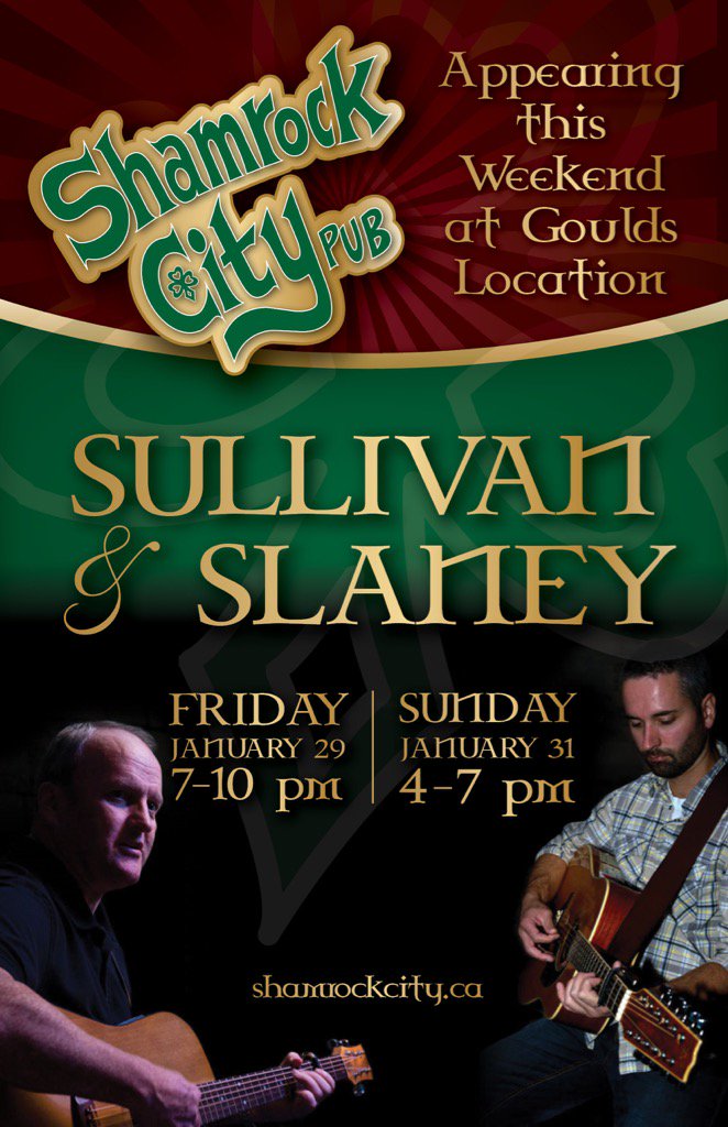 Join the this weekend at the Goulds for <a href="/SullivanSlaney/">Sullivan & Slaney</a> .. 2 shows.. Friday 7-10. Sunday 4-7. @SLAINTENL <a href="/caitbrod/">Caitlyn Broderick</a>