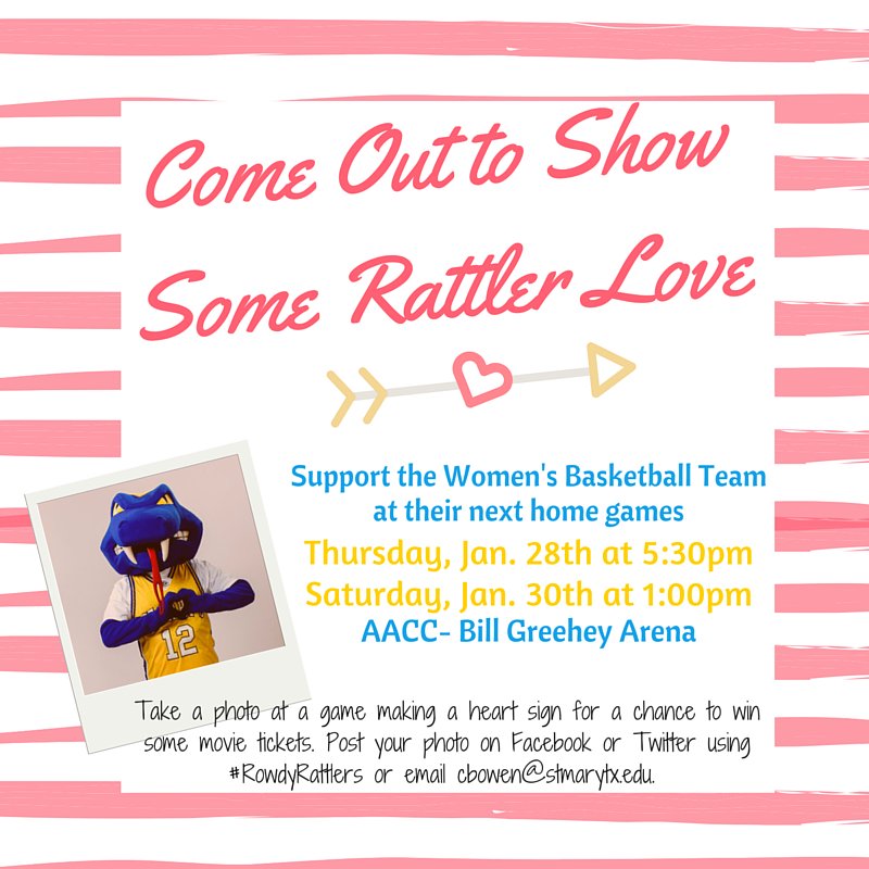StMUResLife's tweet photo. Show some Rattler <3 for the Women's BB team tomorrow and Saturday at their next 2 home games #StMU #RowdyRattlers https://t.co/PyoGksa5D7