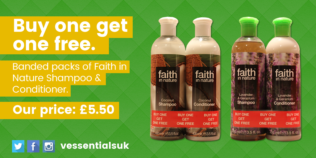vessentialsuk's tweet photo. Faith in Nature BOGOF banded Shampoo &amp; Conditioner. Just £5.50! https://t.co/GJhJsAZBjw #vegan https://t.co/o7lmE61kzI