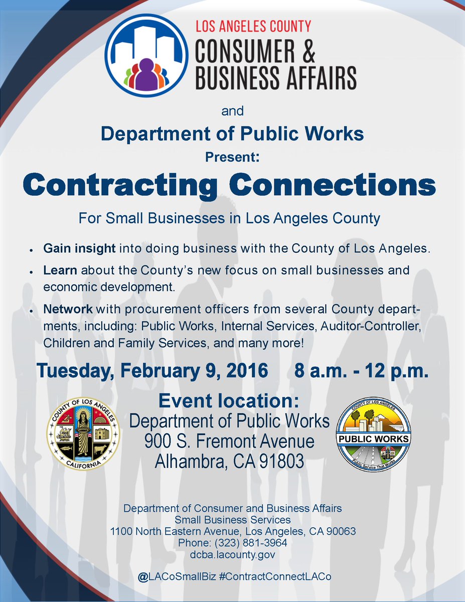 LACoSmallBiz's tweet photo. Want to learn how to bid for @CountyofLA biz? Join us &amp; @LAPublicWorks for #ContractConnectLACo on 2/9 #smallbiz https://t.co/y2lqlutXJh