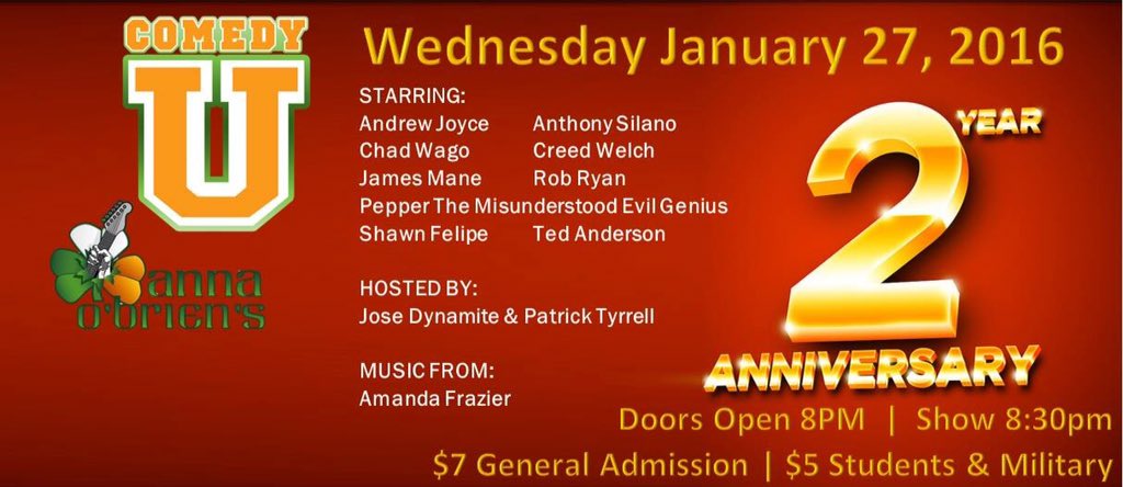 anthony_silano's tweet photo. #ComedyU 2 year anniversary show tonight at Anna O'Briens #standupcomedy https://t.co/1mFsrpD5jL