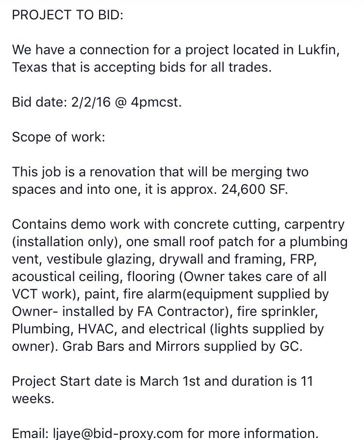 BidProxy's tweet photo. Accepting sub bids for project in #Lufkin #Texas

#HVAC #DRYWALL #FLOORING
#ELECTRICAL https://t.co/sXPgwVhXBW