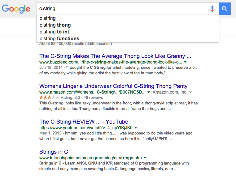 drchuck's tweet photo. Dear Google Search, If I type "c string" - I am interested in the parameters for the strlen() function https://t.co/240Ede7sVg