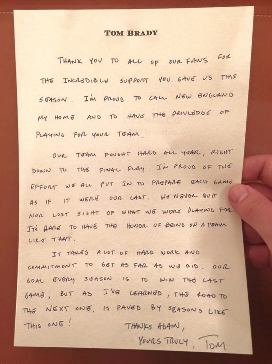 SNFonNBC's tweet image. Tom Brady penned a letter of thanks to all @Patriots fans.