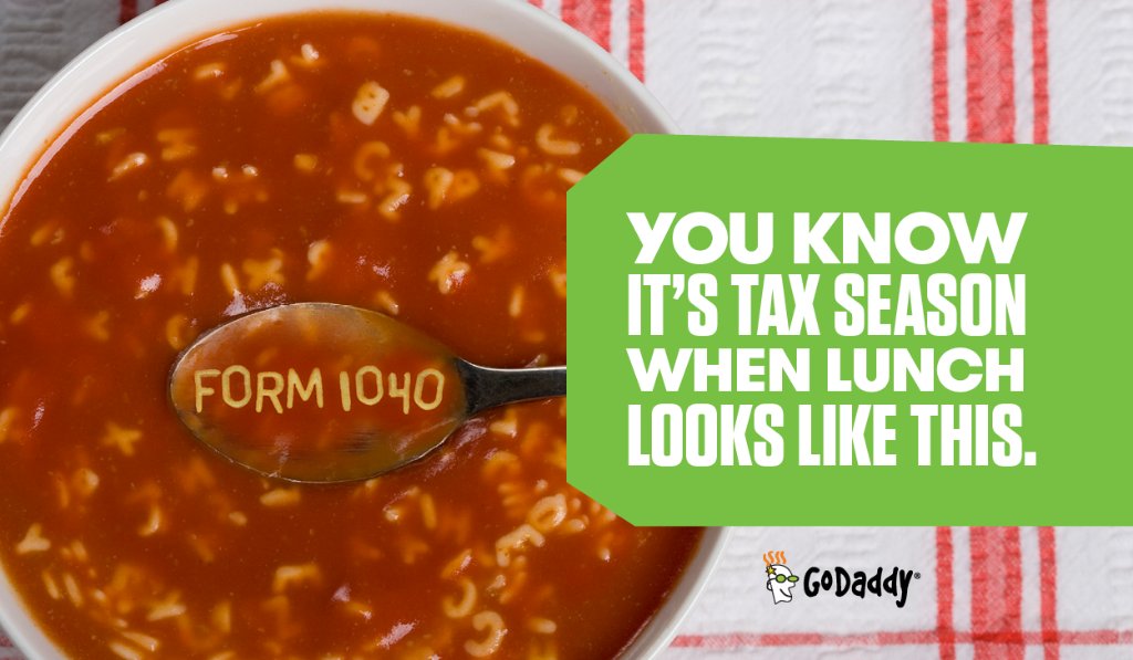 GoDaddy's tweet image. Using your alphabet soup to determine which tax forms you need. #SmallBizProblems #TaxSeason
