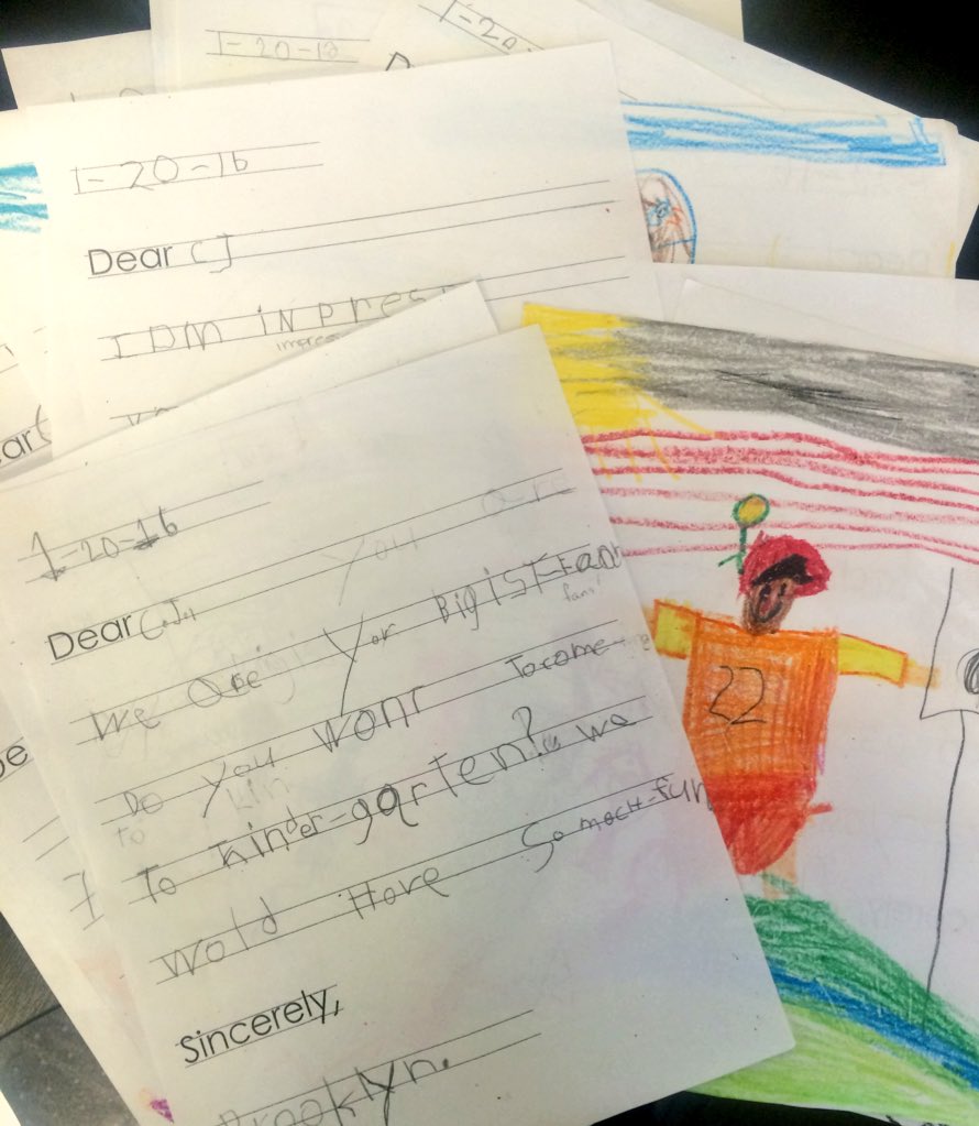 BroncosOffField's tweet photo. Mrs. Clark's kindergarten class wrote @cjandersonb22 asking him to visit, so 11 days ahead of #SB50 he's visiting! https://t.co/0D5LKAzrri
