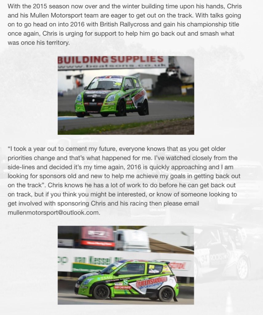 ChrisMullen28's tweet photo. Mullen Motorsport are looking for support to help them get back out in 2016! Packages to suit everyone! #sponsorship https://t.co/9ZormYwJU9