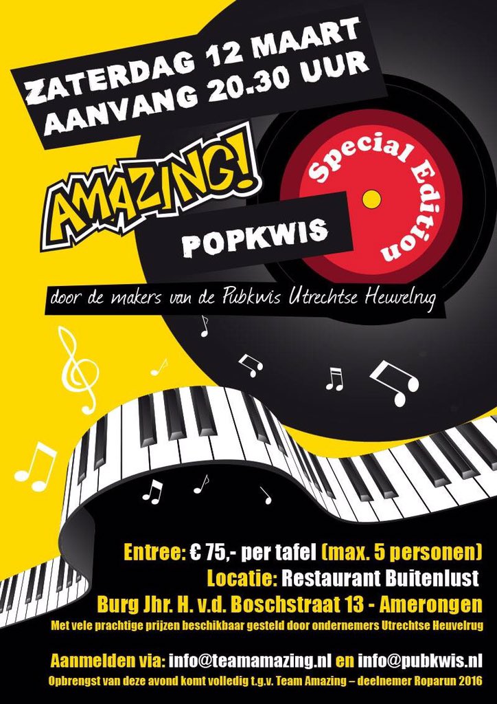 Zaterdag 12 maart AMAZING Popkwis i.s.m <a href="/Pubkwis/">Pubkwis</a> bij <a href="/hotelbuitenlust/">Paul van Roy</a>. Opbrengst voor <a href="/Stg_Roparun/">Stichting Roparun</a> #Roparun25
