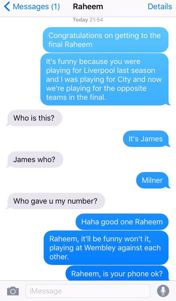 BoringMilner's tweet image. Just speaking to Raheem Sterling about the final. Our texts are always like this, it's so funny.