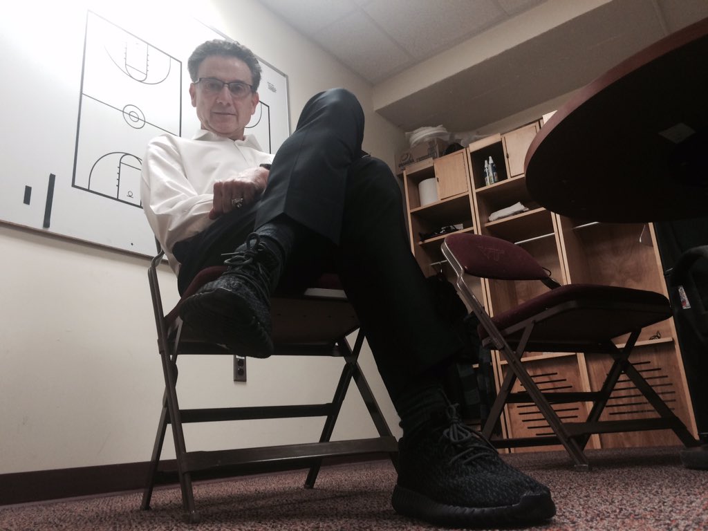 KKcards's tweet photo. UofL's Rick Pitino wearing Kanye West @adidas Yeezy Boost 350 shoes for #SuitsAndSneakers @CoachesvsCancer #L1C4 https://t.co/puvC4RWL1x