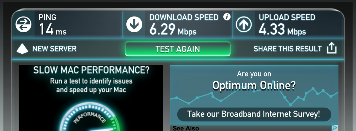 joewoodsfilm's tweet photo. wtf is this shit @optimum?? why you throttling me. I’m supposed to be getting 50 up 25 down #switchingtoFiOS https://t.co/CYV4rYCSHQ