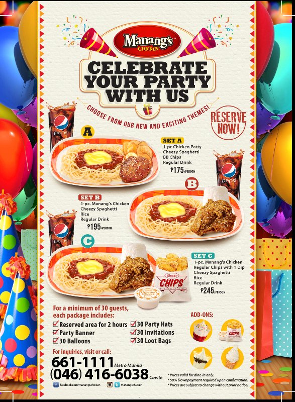 ManangsChicken's tweet image. Having a party? Celebrate it with us! Call us at (02) 661.1111 or (045) 416.6038 for inquiries. #party #partyvenue