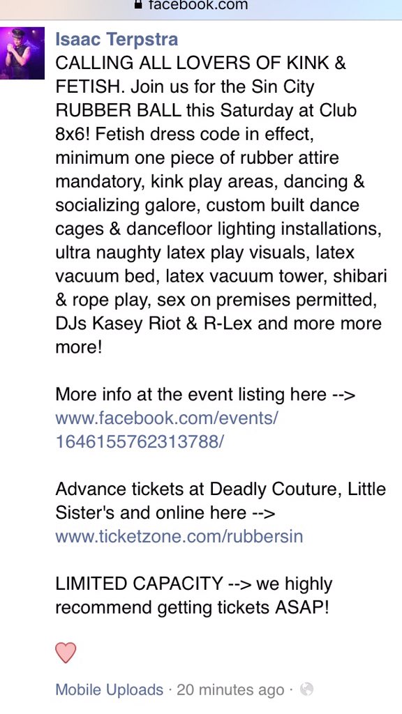 SinCityFetish's tweet photo. Here's all the info about our #RubberBall event @club8x6 this Saturday night. #latex https://t.co/WWbJtVhZAW
