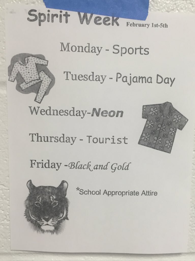 _FHS_STUCO's tweet photo. Everyone participate in Spirit Week!! 🏀🏈💤👚🌈💥🏝📸🐯 #tigerpride #glowdance https://t.co/ePcuNJTjlg