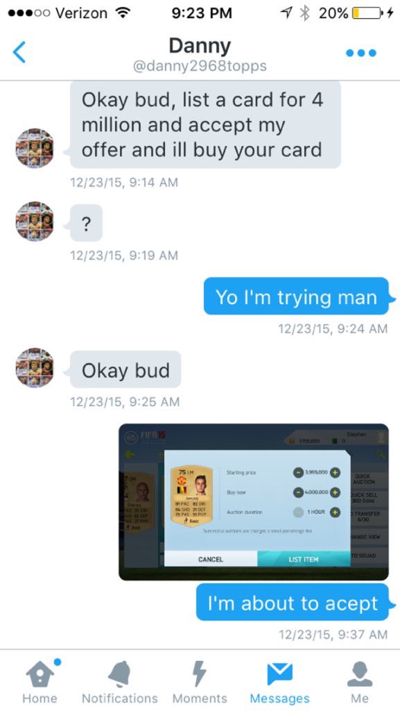 Fut_Cop2016's tweet image. REPORT AND BLOCK @danny2986 HE SCAMMED 4M COINS OFF @ozil_fifa16. 
RT AND FAV TO SPREAD AWARENESS!!