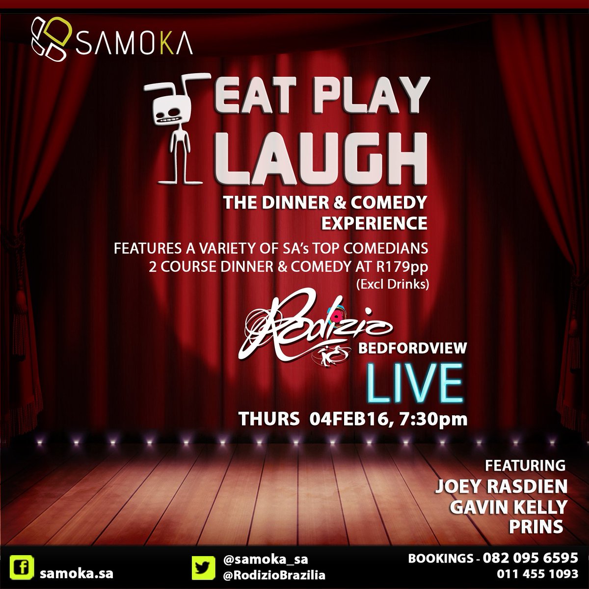 SAMOKA SA (@samoka_sa) on Twitter photo Retweet 2 Win a Dinner & Comedy Experience for 2 #EatPlayLaugh 4Feb2016 <a href="/RodizioBrazilia/">RodizioBrazilianRest</a> Bedfordview. Could B U! Retweet 2 Win a Dinner & Comedy Experience for 2 #EatPlayLaugh 4Feb2016 <a href="/RodizioBrazilia/">RodizioBrazilianRest</a> Bedfordview. Could B U!