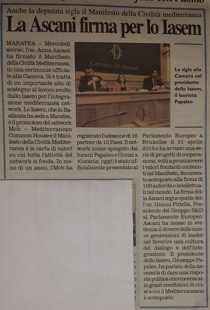 GiacomoBloisi's tweet photo. Su @LaNuovadelSud di oggi, la firma del "Manifesto della Civiltà Mediterranea" con #Iasem e @AnnaAscani a #Roma https://t.co/a5inXn1Sn9