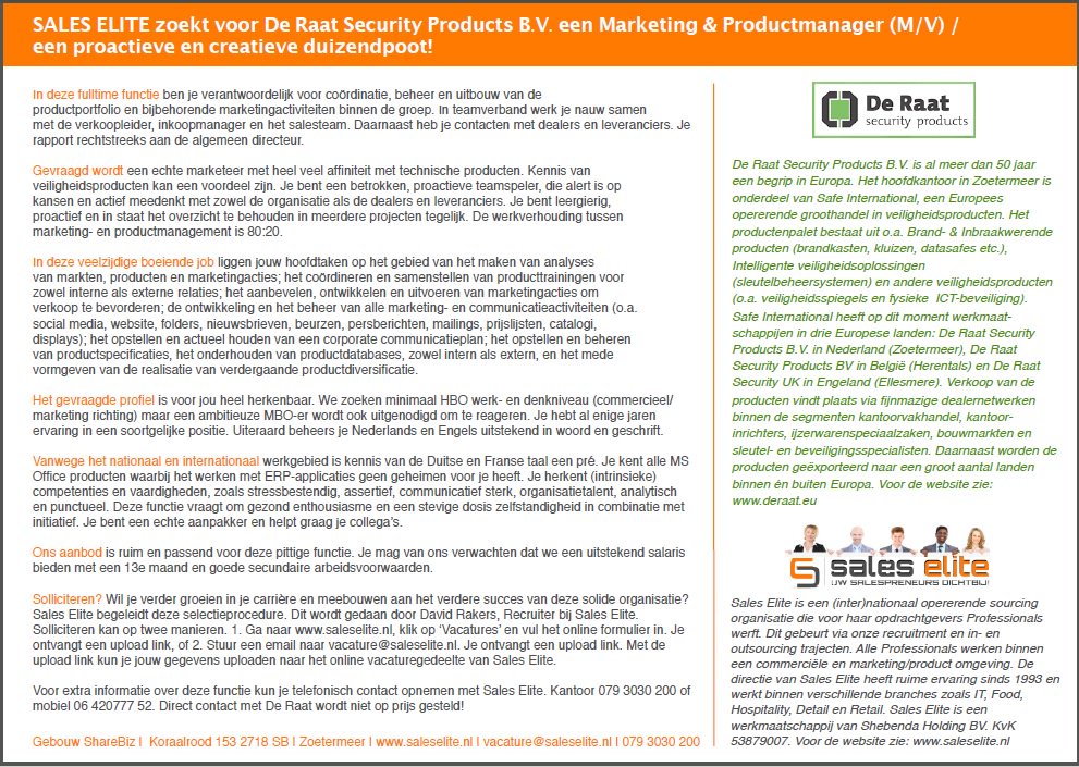 De Raat Security Products zoekt een Marketing &amp; Productmanager (M/V) / een proactieve en creatieve duizendpoot!
