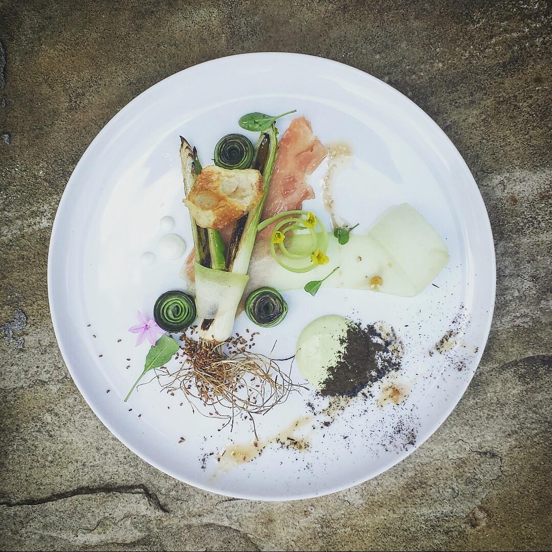 ChefJacoSA's tweet photo. Olive oil braised baby leeks starter. With prosciutto and cucumber leek sauce.  #capetown #foodie #foodporn https://t.co/IiU1Ei0U9n
