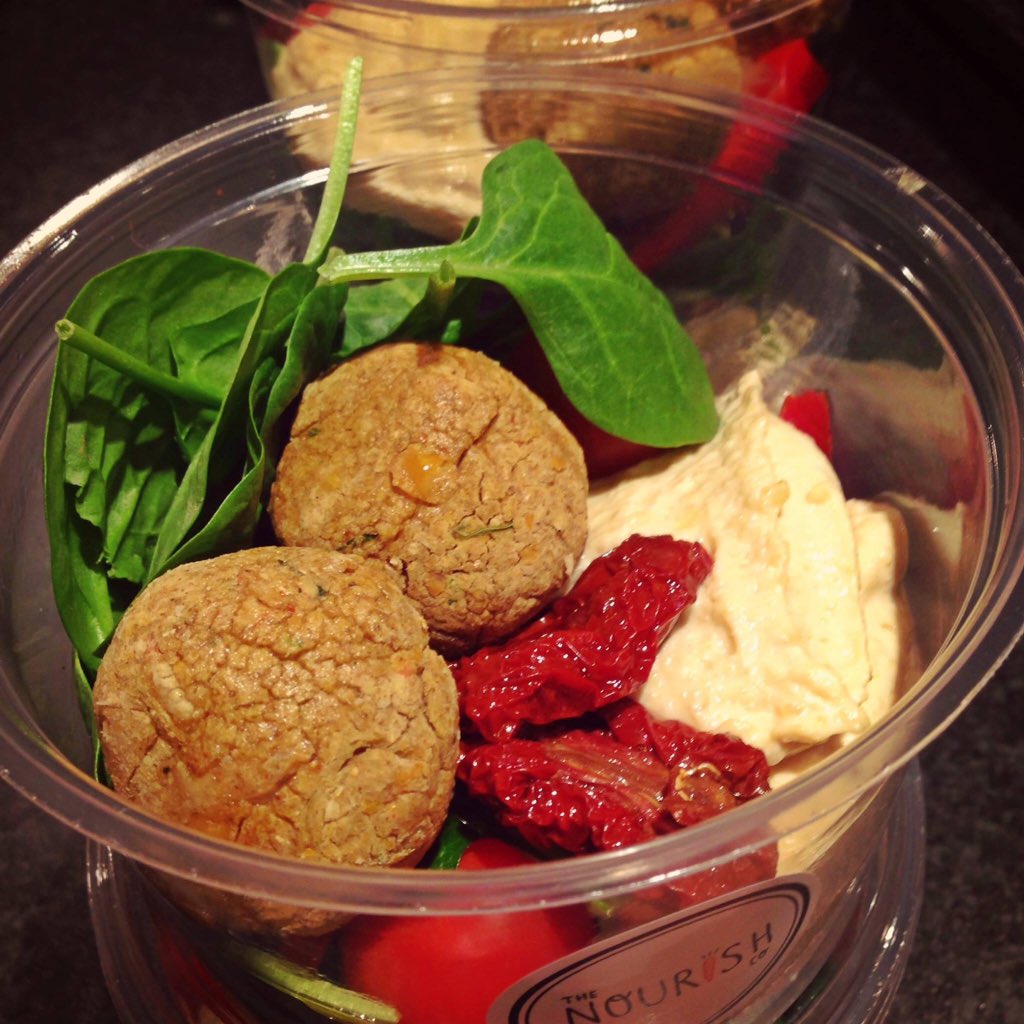 This weeks salad pot is spicy falafel, hummus, sun dried tomatoes, spinach, pepper, tomato &amp; cucumber. #healthyfood