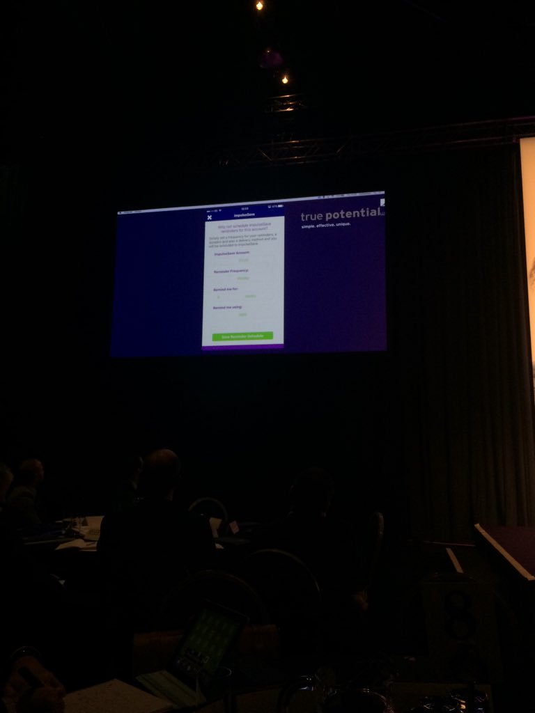 EmmaNapier's tweet photo. @danh12345 impulse save reminder great new addition @TruePotential_ app for clients to use #tpconf https://t.co/QqEsTxiwMJ