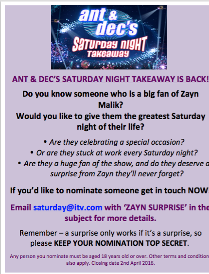 Chris_M_tv's tweet photo. @onedirection 
Ant&amp;Dec's Saturday Night Takeaway is BACK! Do you want to nominate a Zayn Malik fan for a surprise? https://t.co/zKw7oNYHbK