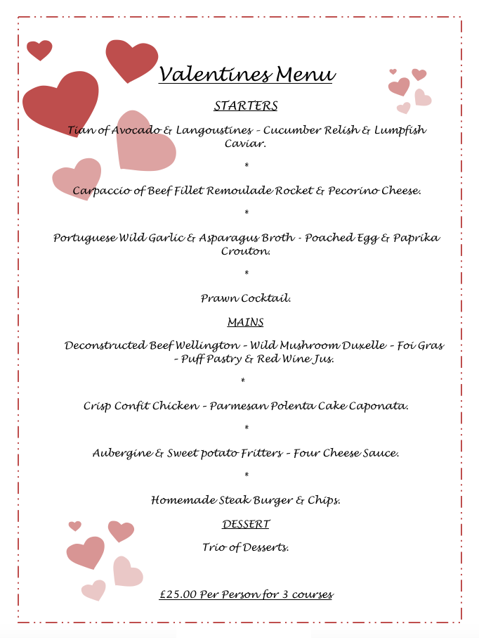 Valentines Meal set menu £25.00 ph. Sat' Feb 13th, serving 6.00pm-8.45pm. BOOKING ESSENTIAL queensheadeye.co.uk/event/vday-201…