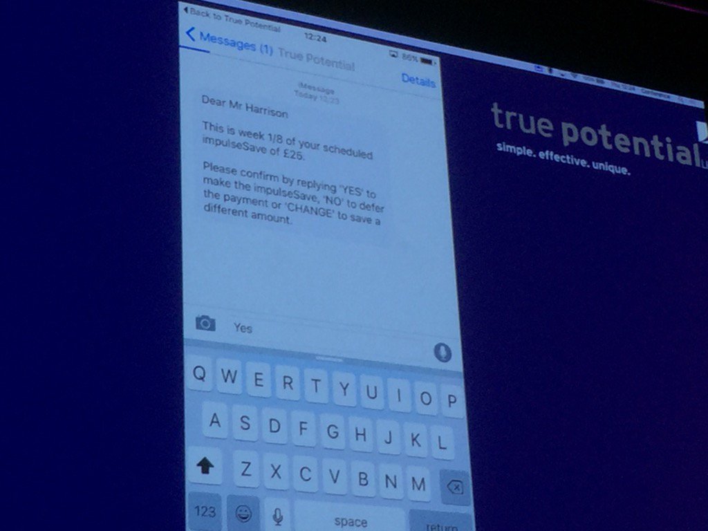 theactualpolson's tweet photo. @danh12345 showing ImpulseSave new reminder and Apple Watch kit at #tpconf. Whether you like TP or not - very cool. https://t.co/P9299Dy364