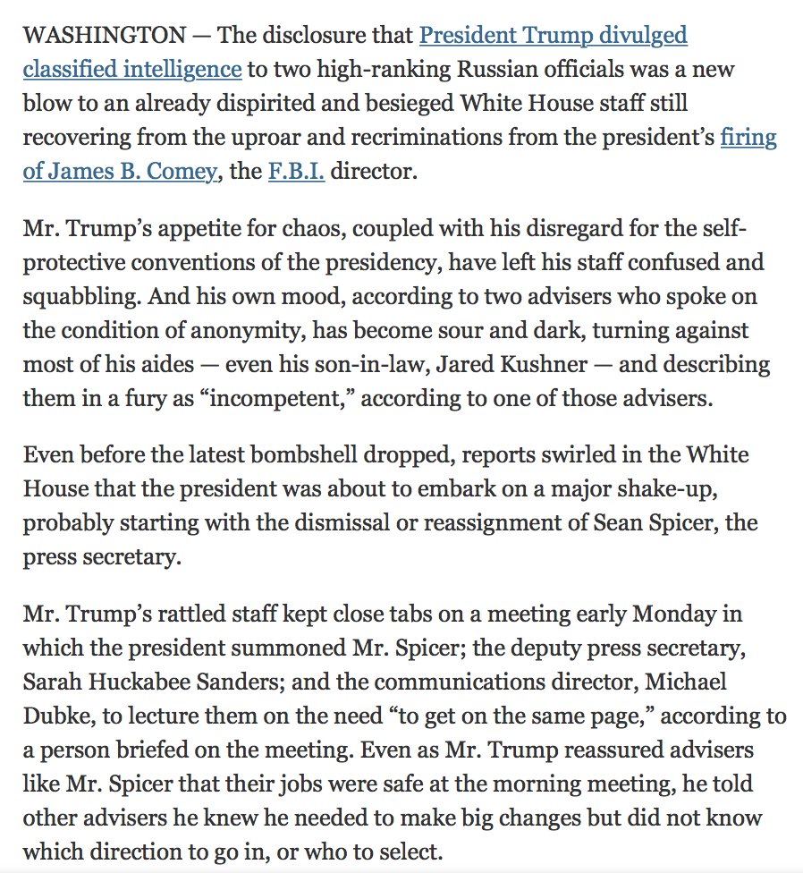 Trump's WH is in complete disarray &amp; it's 100% self-inflicted. They could not handle an external crisis right now.
nytimes.com/2017/05/16/us/…