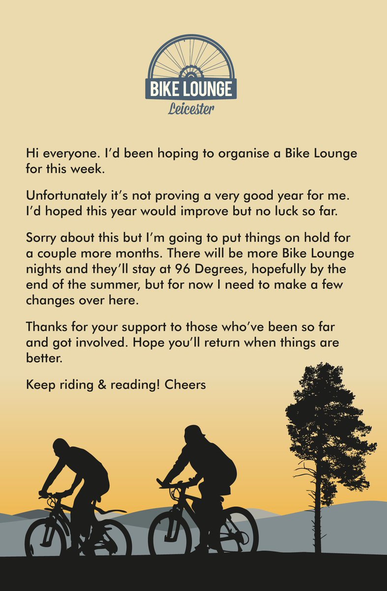 Hi everyone, there'll be more Bike Lounge nights but need to take a bit more time off I'm afraid. Keep following &amp; thanks for the support...