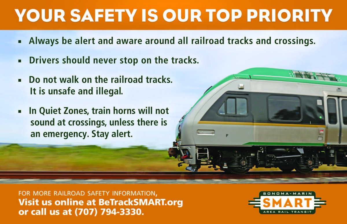 smarttrain's tweet image. SAFETY ADVISORY: SMART will no longer use train horns regularly at crossings in areas with Quiet Zones. Read our #TrackSMART safety card.