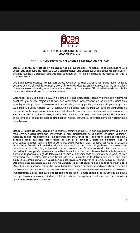 UnionEEI's tweet photo. Los Centros de Estudiantes de la Facultad de Ciencias Económicas y Sociales se pronuncian ante la situación del país. #FaCESUCVxVzla #CEEEI https://t.co/6Ps98aORaQ