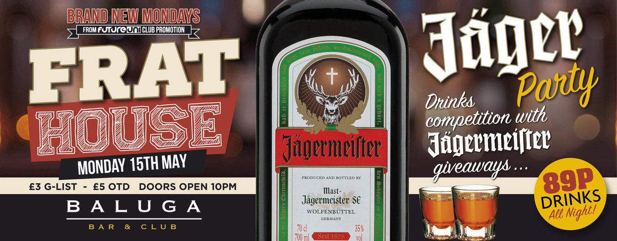 FutureUniEvents's tweet photo. Tonight!! Frat House Monday 🏠🏠@BalugaPreston with Jäger Party 🎉 🍾🍻🍻89p Drinks all night &amp; Cheap entry 💥 #Preston #Lancashire #UCLan https://t.co/daVY320xAQ