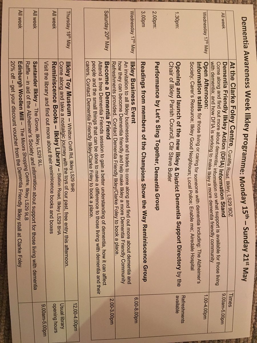 Here is a line up of this weeks events in Ilkley #DementiaAwarenessWeek