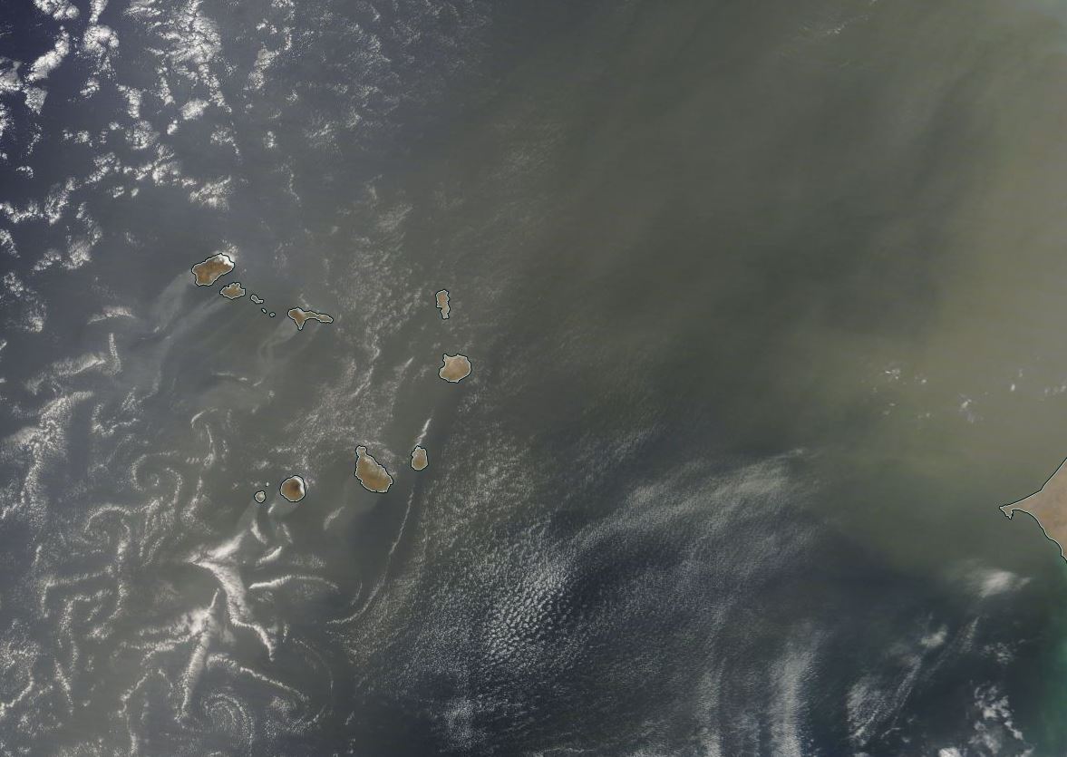 This satellite image from NASA taken earlier shows a large amount of dust currently affecting West Africa &amp; Cape Verde with wake vortices