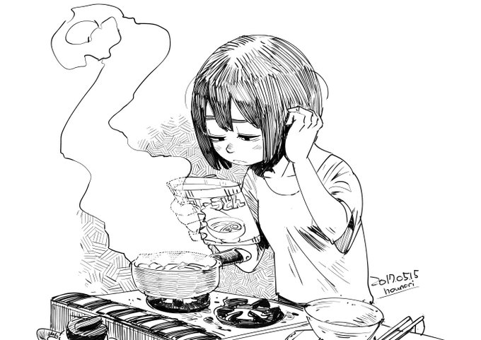 お絵描き:うどん茹でる 