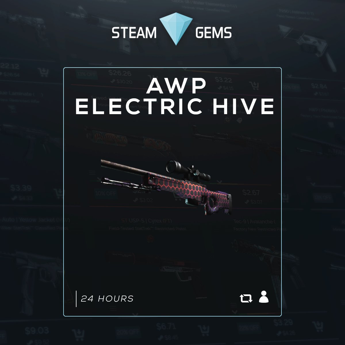 SteamGems's tweet image. 🎁 AWP ELECTRIC HIVE

* ReTweet &amp;amp; Follow Us

* VISIT steamgems.com  

* Activate our Notifications

 #CSGO