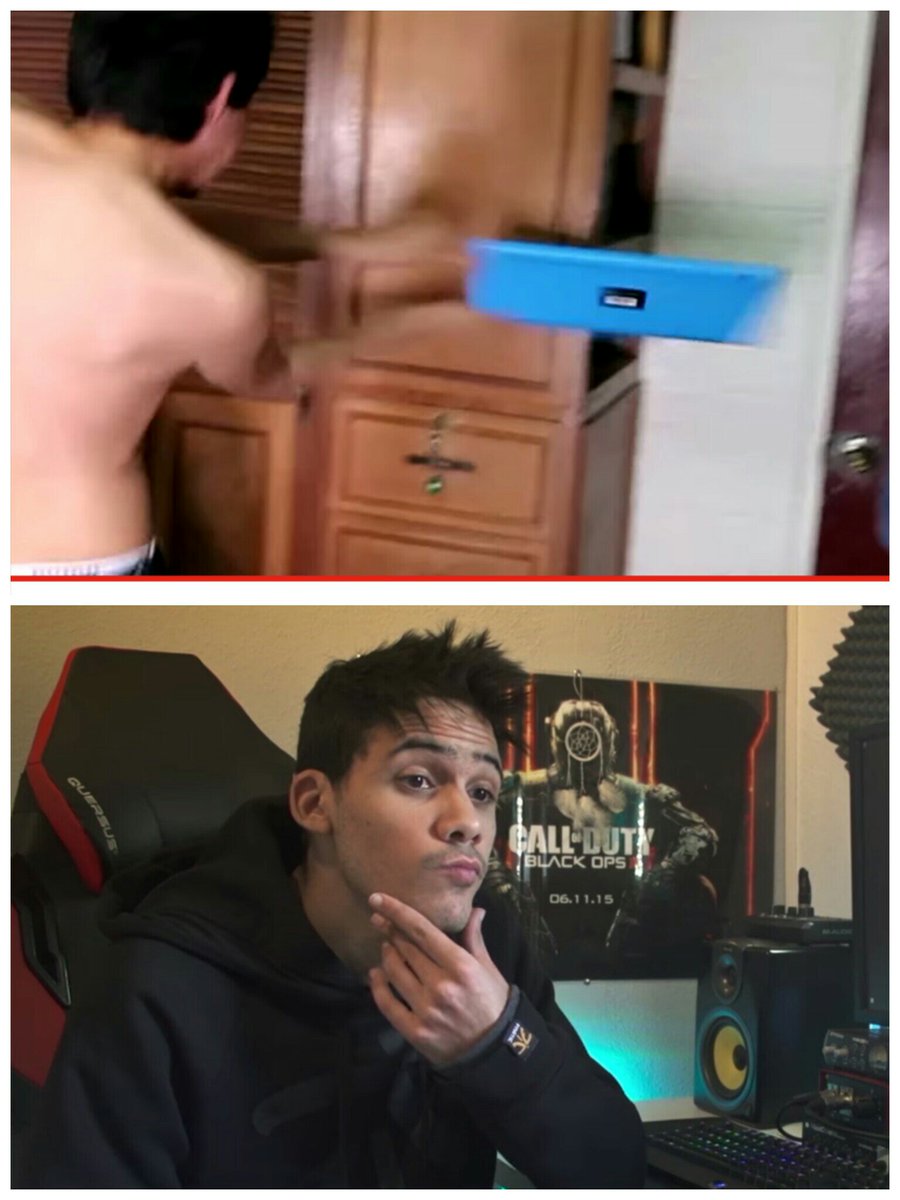 Kronnomc's tweet image. YO pensando si @Fernanfloo me convenció de estar motivado o no! JAJA! Le diste tan fuerte que el maldito teclado se esfumó en el aire! 😂😂