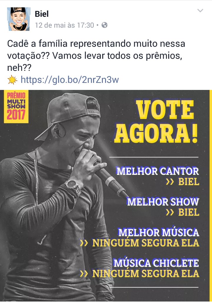 Biel via Facebook sexta-feira (12).