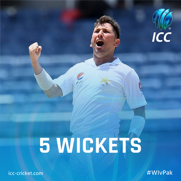 ICC's tweet photo. Another Test, another five wicket haul for Yasir Shah 👏 #WIvPak https://t.co/rsJNmtCWFO
