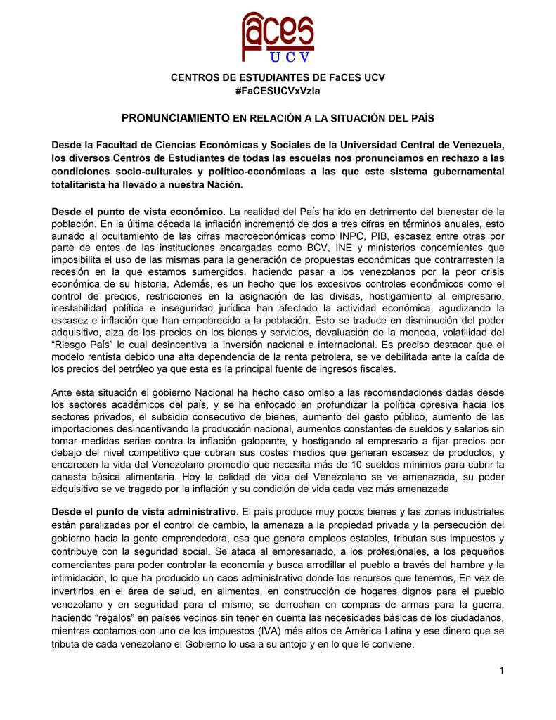 FuturoEEI's tweet photo. Pronunciamiento de los Centros de Estudiantes de la #FaCES #UCV en relación a la Situación del País.  #FaCESUCVxVzla https://t.co/Uil5vQnapS