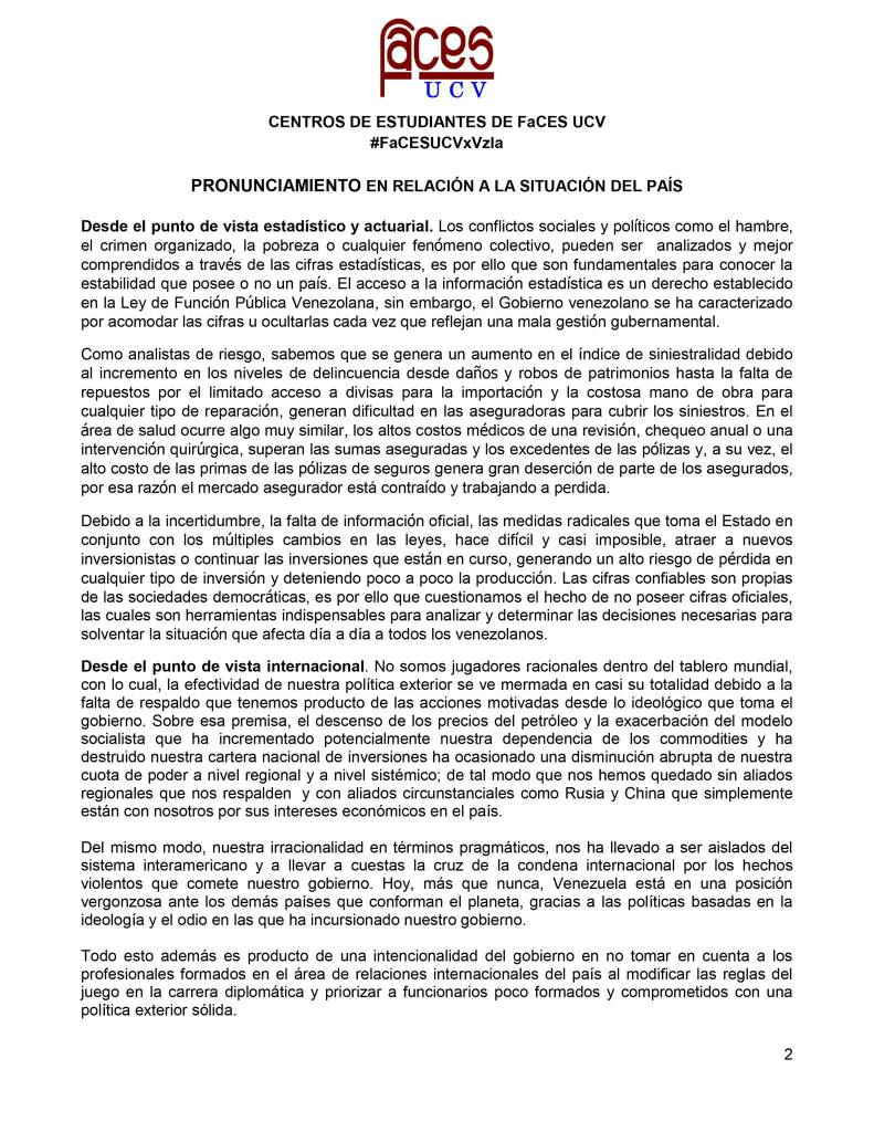 FuturoEEI's tweet photo. Pronunciamiento de los Centros de Estudiantes de todas las escuelas de la FaCES UCV respecto a la situación país. #FaCESUCVxVzla https://t.co/9dH5rQIHJ3