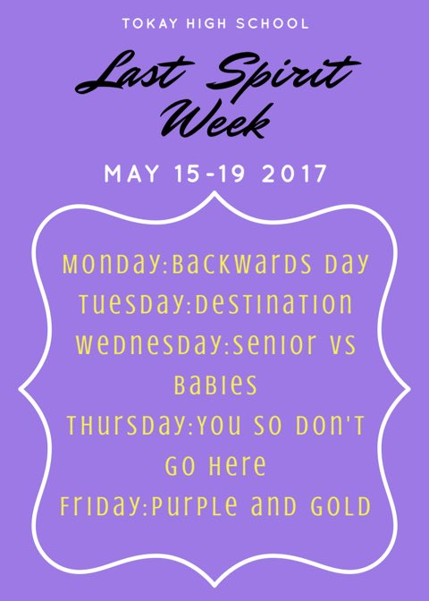 TokayStudGov's tweet photo. 🚨🚨LAST SPIRIT WEEK OF THE YEAR STARTS TOMORROW DRESS UP ALL WEEK!!🚨
RT RT RT https://t.co/SX7HEc4mwx