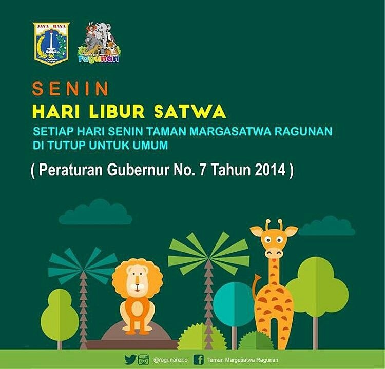 Senin, Hari Libur Satwa. Setiap Hari Senin Taman Margasatwa Ragunan di tutup untuk umum. ( Pergub No. 7 Tahun 2014 )