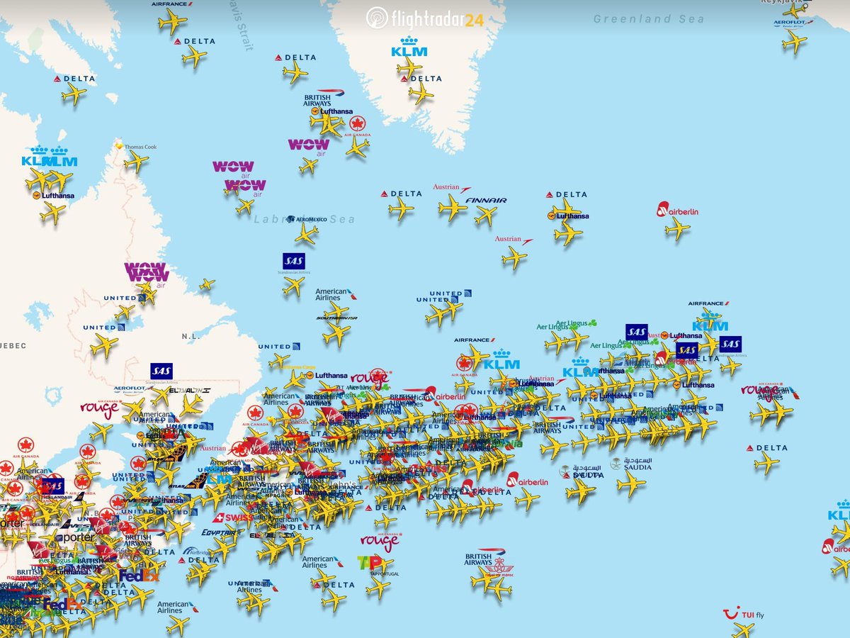 flightradar24's tweet photo. Hundreds of flights make the nightly crossing from North America to points east.

✈️↗️ https://t.co/rkuwMDNqN1 https://t.co/jRflMMKxS4