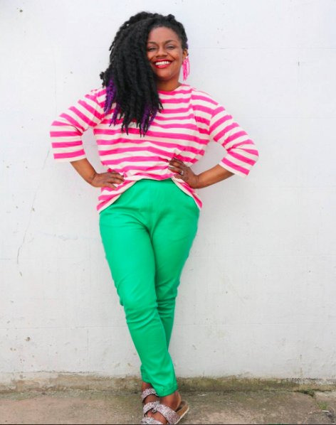Our fantastically vibrant &amp; colourful 'friend of Gudrun', @YvadneySlays looking great in our recycled stripe! #colourful #stripes #recycled
